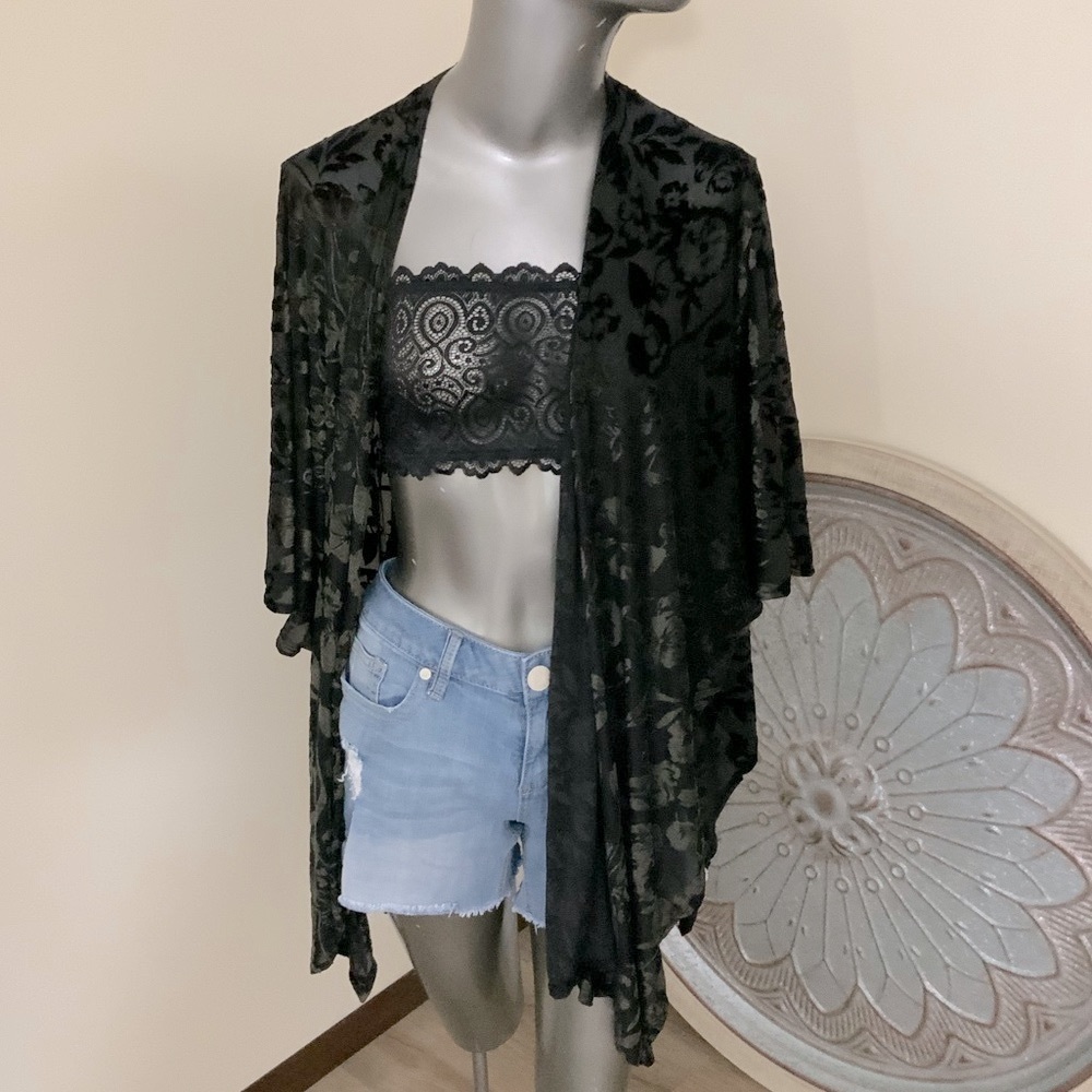 Sheer Black Floral Burnout Kimono NWT